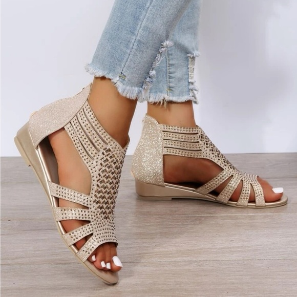 Emery rosé rhinestones decor hollow out wedges sandals - Picture 5 of 5